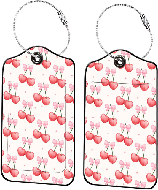 Luggage Tags for Suitcases, 2-Pack PU Leather for Cruise & Travel, Baggage ID Tags with Privacy Cover & Address Card, Durable Metal Ring, Kids Adults Travel Accessories, Sweet Bow Cherries