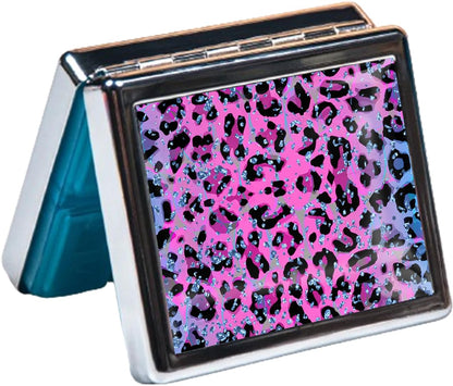 Silver Vintage Pill Box 7 Day Metal Pill Box with Mirror and 8 Compartments Cute Travel Pill Organizer for Purse (Pink Leopard Print)