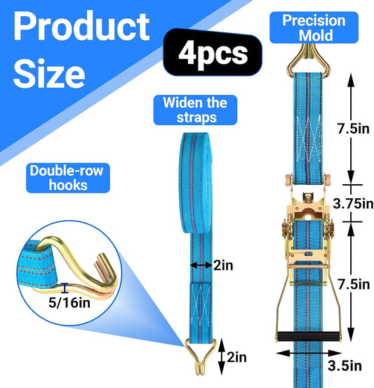 4Pack Heavy Duty Ratchet Straps, 2” 32Ft Ratchet Tie Down Strap, Tie Down Ratcheting with Double J Hook, 4000 LB Break Strength Cargo Straps Ratcheting for Moving Cargo, Lawn Equipment and Motorcycles