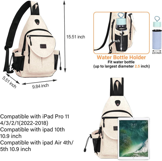 MOSISO Sling Backpack,Canvas Crossbody Hiking Daypack Bag with Anti-theft Pocket, Beige