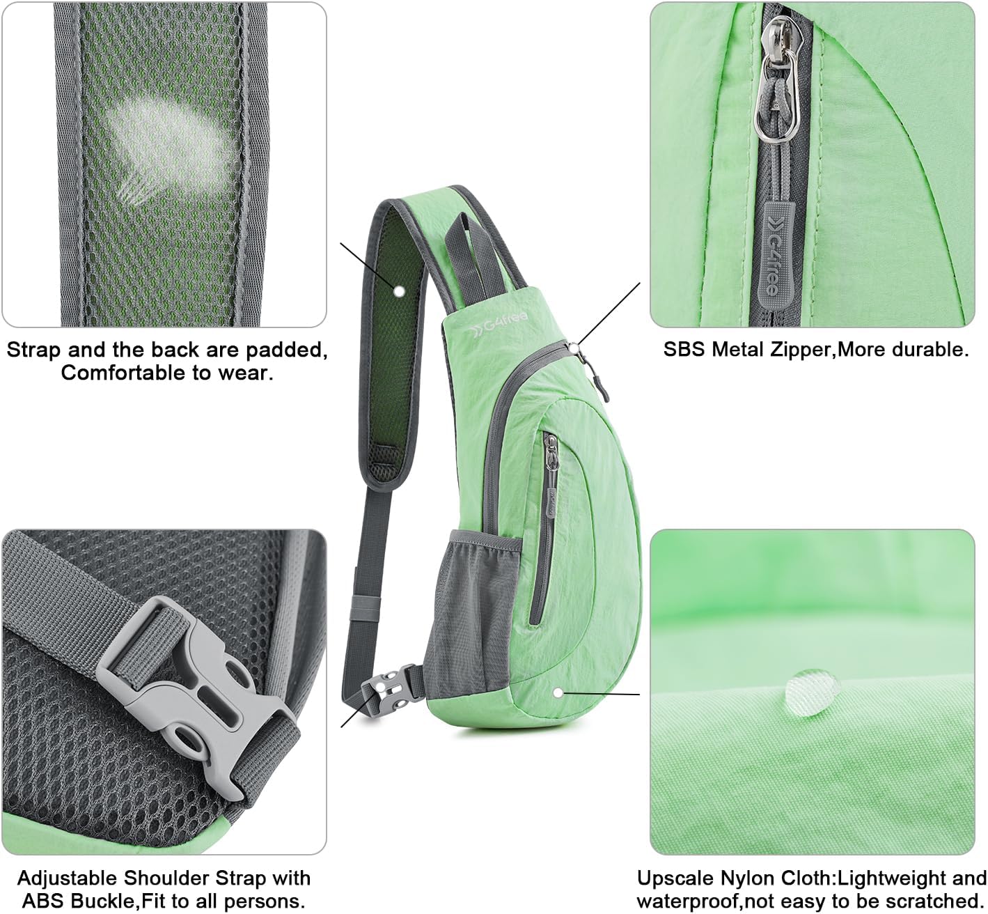 G4Free Sling Bag for Men Women, Small Crossbody Backpack Lightweight Chest Shoulder Bags for Travel, Outdoor and Sports (Light Green)
