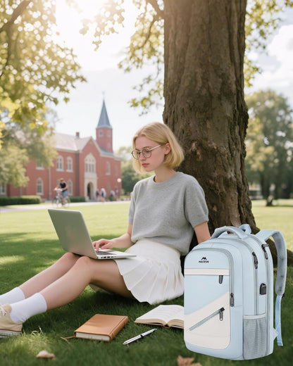 MATEIN Large College Laptop Backpack, Water Resistant Nurse Travel Backpack with USB Charging Port TSA Approved, Soft Anti Theft Comupter Bag for Work, Blue Beige
