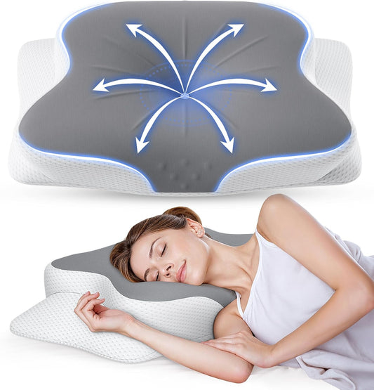 Cervical Pillow for Neck Pain Relief - Ergonomic Memory Foam Pillow with Cooling Case Orthopedic Support Side Sleeper Pillow for Pain Relief Support for Side Back Stomach Sleepers (Grey)
