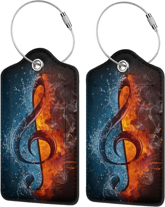 2 Pack Luggage Tags for suitcases Funny Music Water fire Luggage Tag, Leather Stainless Steel Loop Label Tag for Men Women Travel Bag Suitcase(Music Water fire)