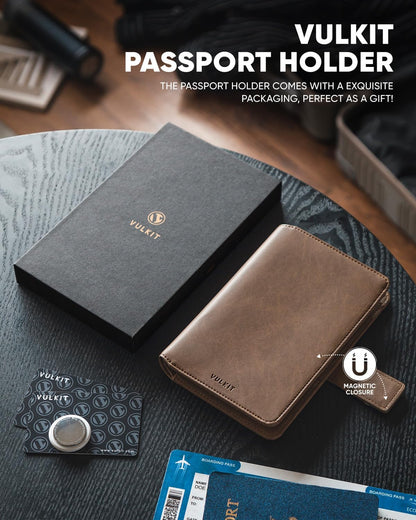 VULKIT Passport Holder with Airtag Holder RFID Blocking Passport Wallet Travel Leather Passport for Women(Espresso)