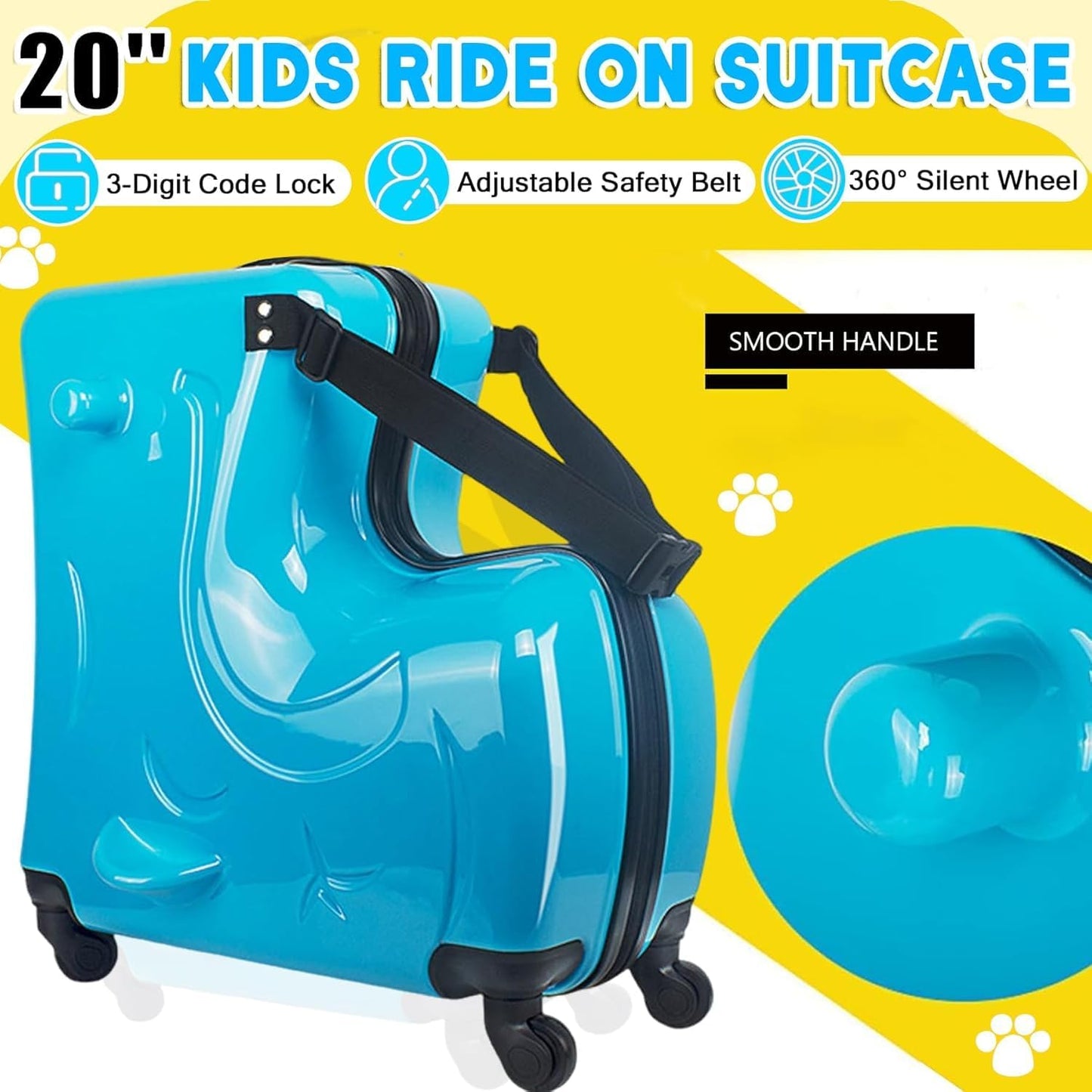 20" Kids Ride on Suitcase,Childrens Ride on Luggage with Safety Belt,Trolley Suitcase with Silent Wheel Combination Lock,Suitable for Kids Aged 1-8 Years Old (Blue)