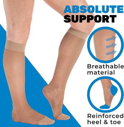 (3 Pairs - Closed Toe) Made in USA - Compression Socks for Women 15-20mmHg - Sheer Compression Knee High Stockings for Post Surgery, Pregnancy, Arthritis, Edema - Taupe, Large - A101T3-3