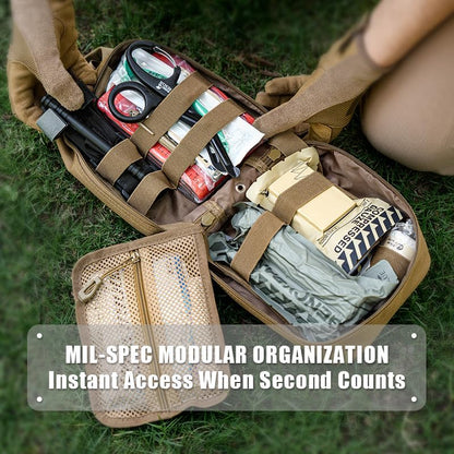 RHINO RESCUE IFAK Trauma Kit with C-A-T Tourniquet, Tactical First Aid Kit Molle Pouch for Military, Combat, Car, Camping, Hiking, Travel (Coyote Brown)