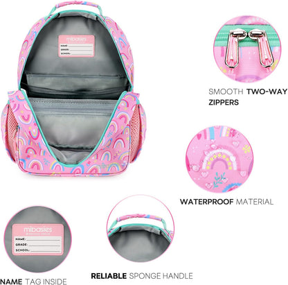 mibasies Girls Backpack: Large Kids Backpack Girls for Elementary School with Laptop Compartment - Rainbow Pink
