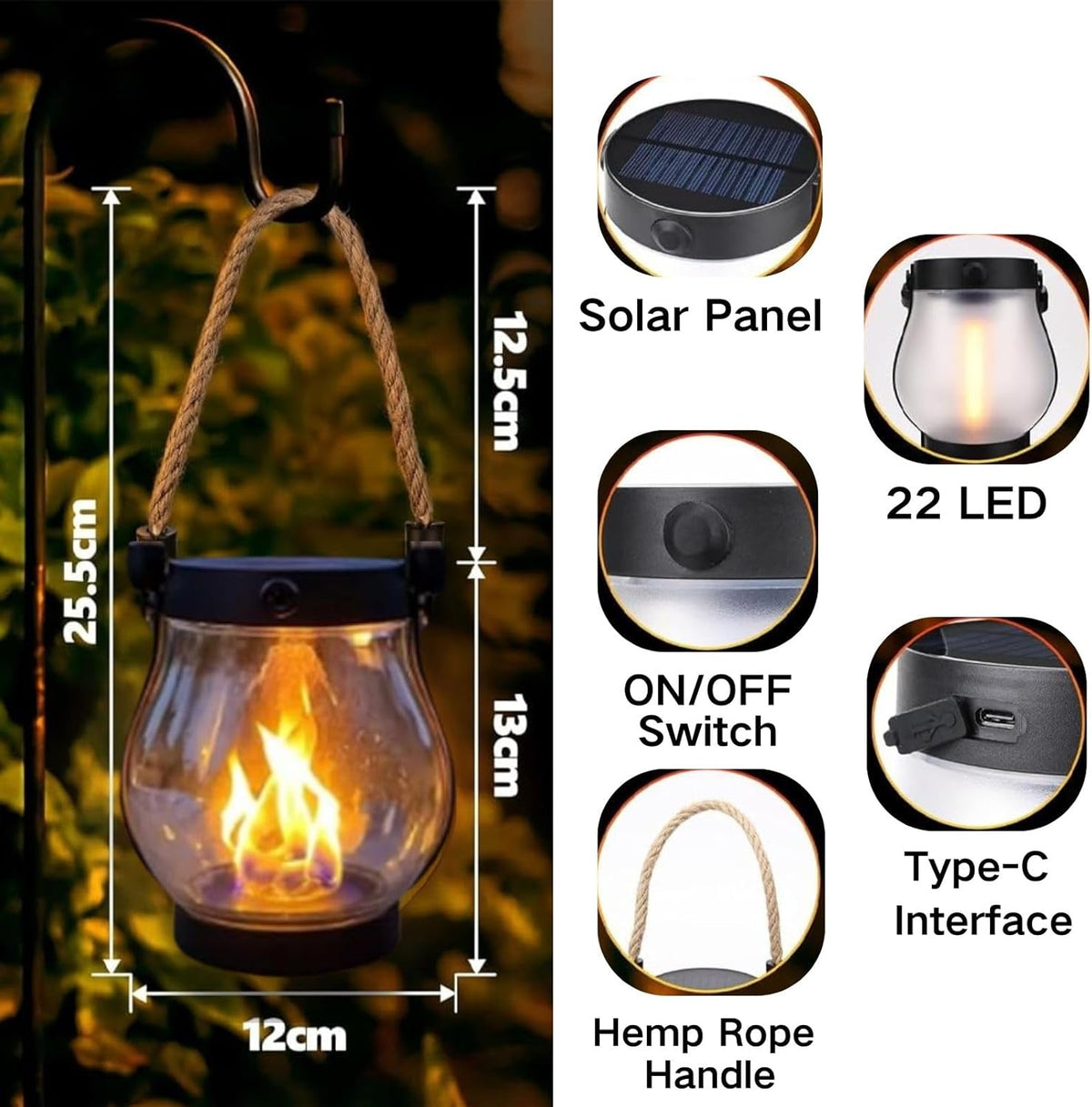 Solar Lantern Outdoor Lights, Flickering LED with Hemp Rope Handle, Dual Charging (Solar & USB), Water-Resistant Hanging Decor for Garden, Yard, Patio, Porch, Pathway, Camping (4)