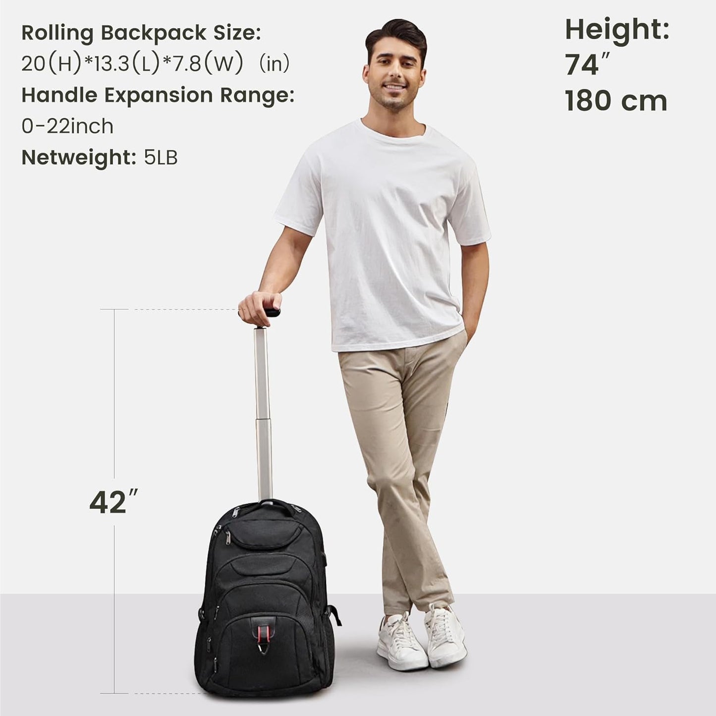 Boavan Rolling Backpack,17 inch Water Resistant Wheeled Backpack,Carry on Luggage Business Bag, Overnight College Computer Trolley Suitcase for Men Women Adults to Travel，Black