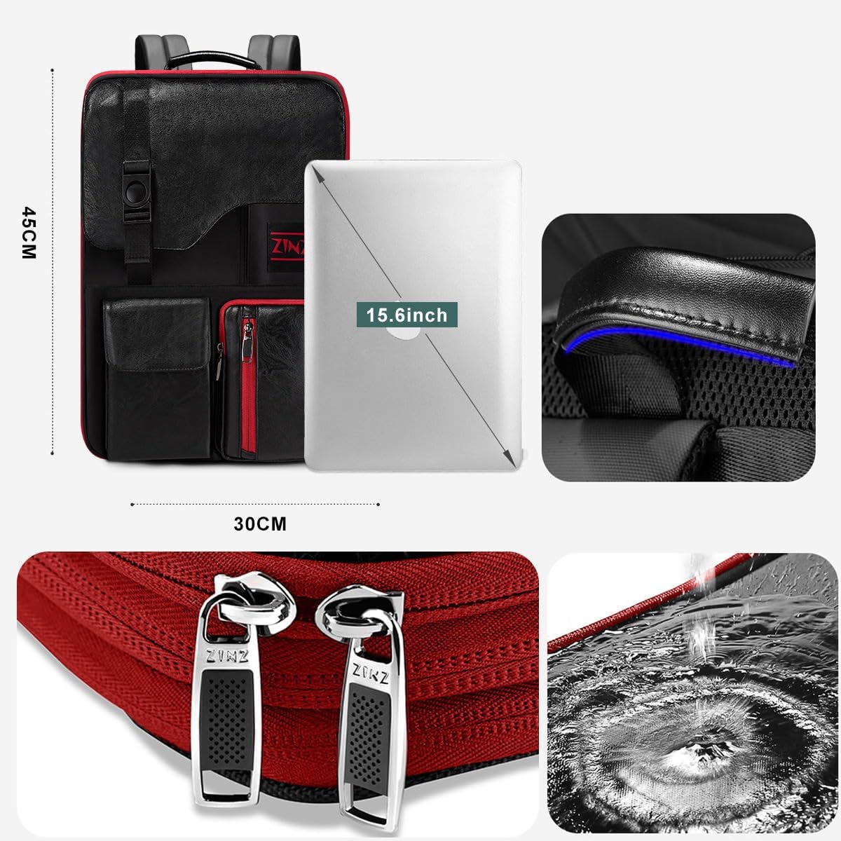 ZINZ Laptop Backpack 15 15.6 16 Inch, Expandable Computer Rucksack with Multi-Pockets Anti-Theft Travel Daypack for Men and Women,Black&Red