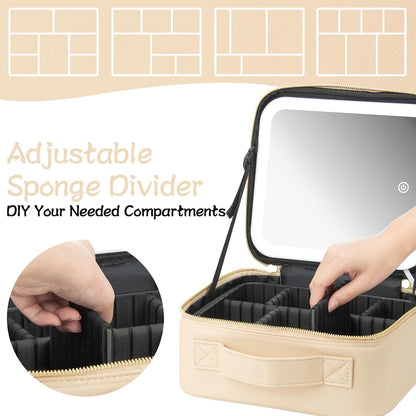 Makeup Travel Train Case with Mirror LED Light 3 Adjustable Brightness Large Cosmetic Bag Portable Storage Adjustable Partition Waterproof Makeup Brushes Make up Jewelry Gift for Women