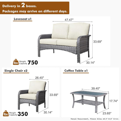 HOOOWOOO Patio Furniture Set,4 Pieces Outdoor Conversation Set,All Weather Wicker Loveseat Sofa Set with High Back Chairs Table,Beige