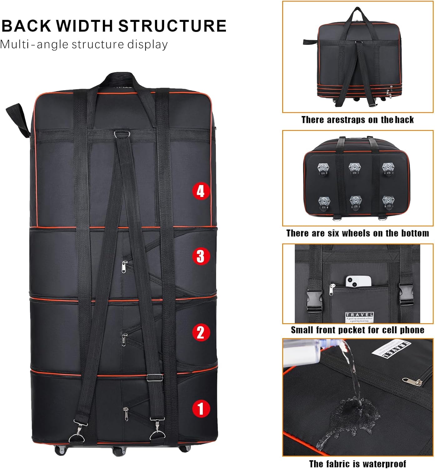 Expandable Large Capacity Travel Bag Oxford Cloth Duffel Bag with Wheels Lightweight Waterproof Travel Foldable Suitcase(Black)