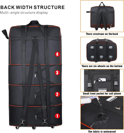 Expandable Large Capacity Travel Bag Oxford Cloth Duffel Bag with Wheels Lightweight Waterproof Travel Foldable Suitcase(Black)