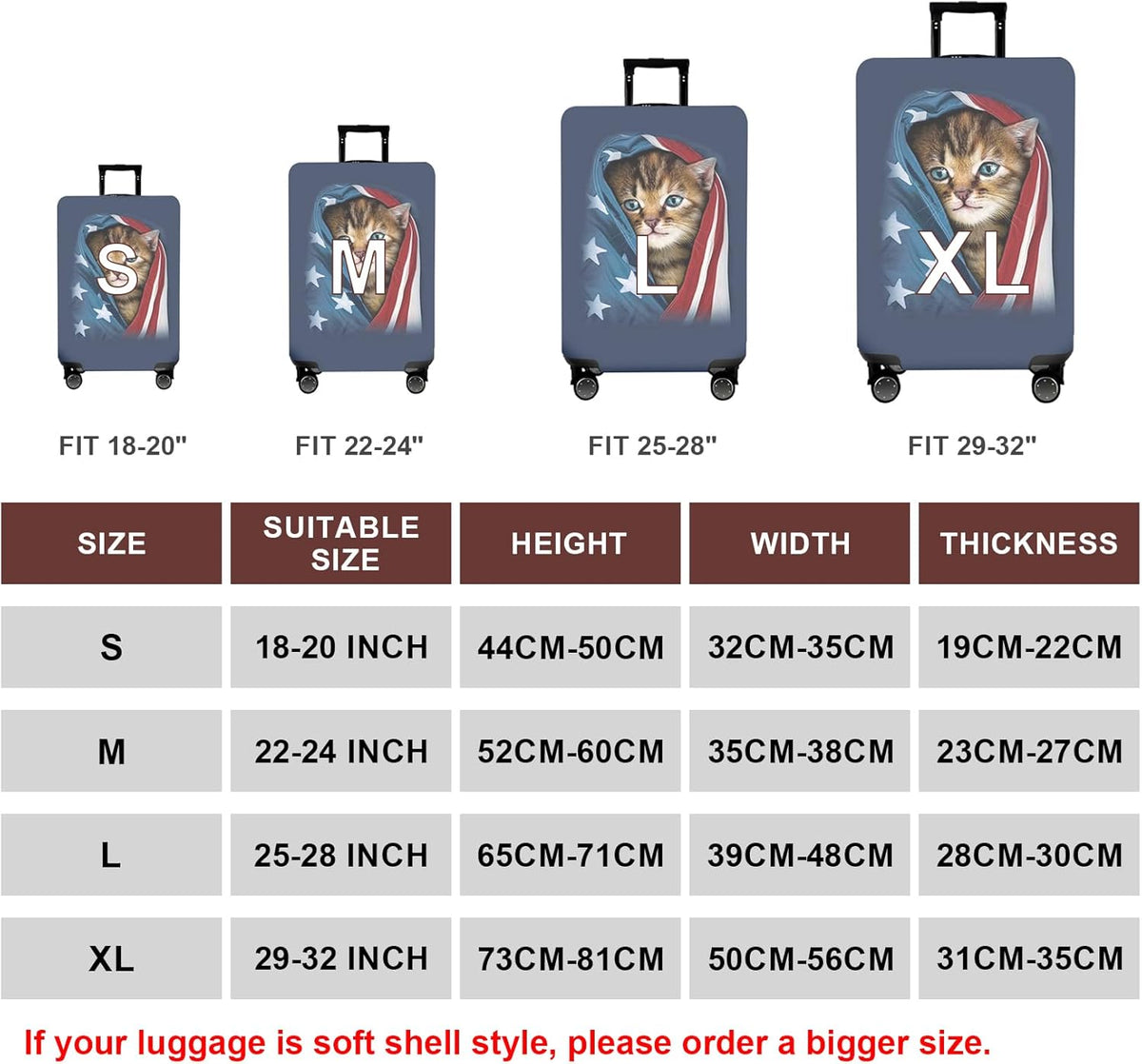 WUJIAONIAO Travel Luggage Cover Baggage Suitcase Cover Protector Skins 18-32 Inch (Cat A, S (for 18-20 inch luggage))