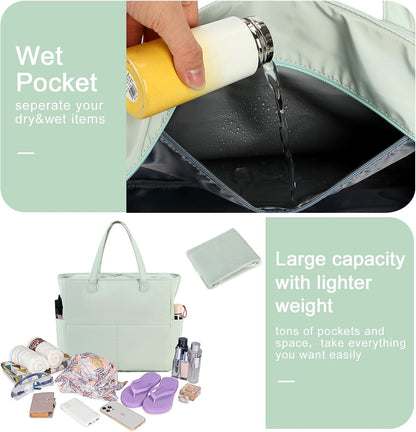 Waterproof Beach Tote Pool Bags for Women Ladies Extra Large Gym Tote Carry On Bag With Wet Compartment for Weekender Travel