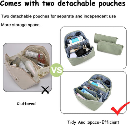 Travel Makeup Bag Organizer Cosmetic Bag: 3 Pcs Set Make up Bags for Women with Handle - Waterproof Vegan Leather Toiletry Bags with Comparments (C-06-Green)