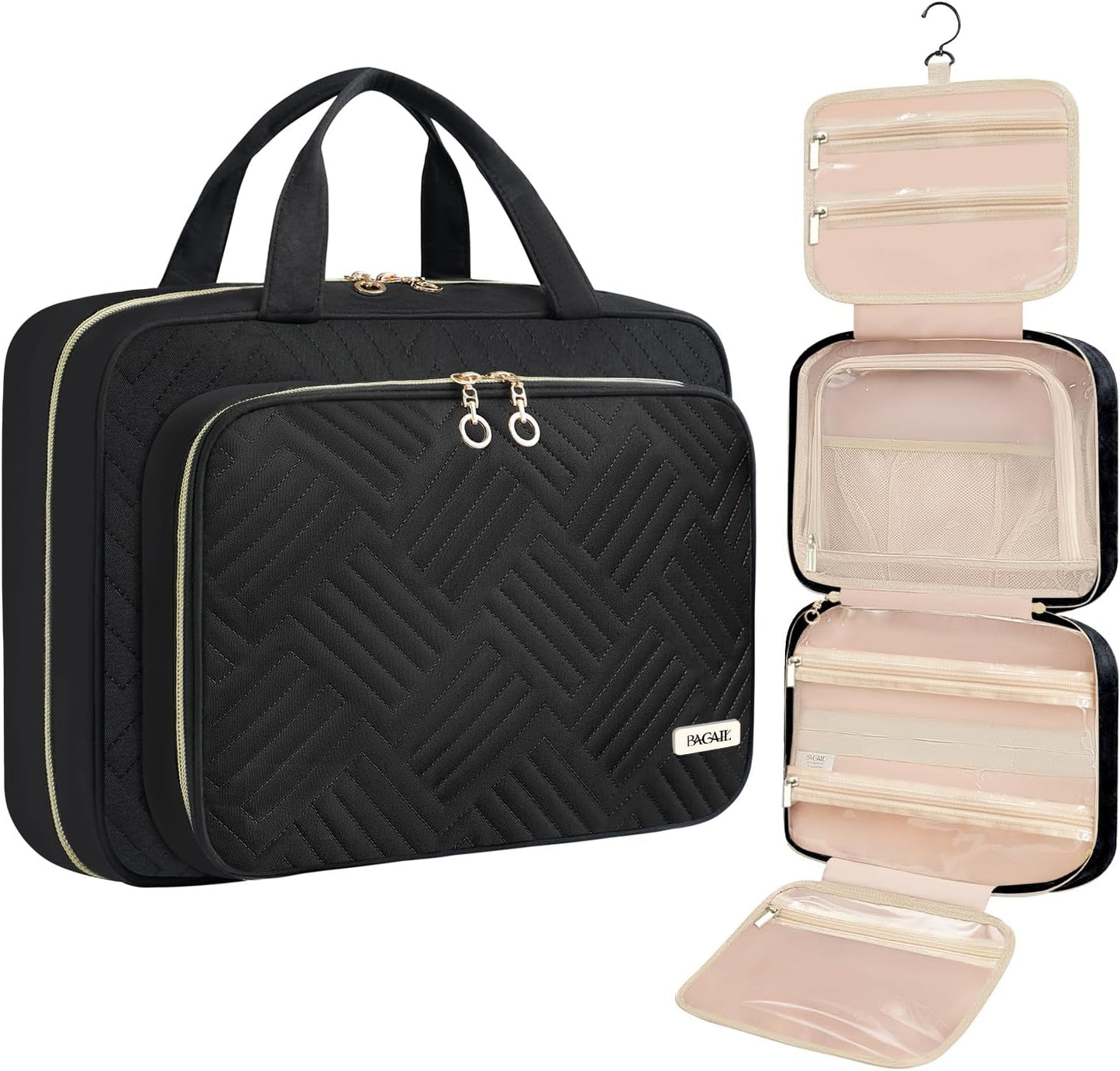 BAGAIL Hanging Toiletry Bag for Women Water-resistant Cosmetic Bag Large Capacity Travel Makeup Organizer for Full-Sized Travel Essentials(Standard, Black)