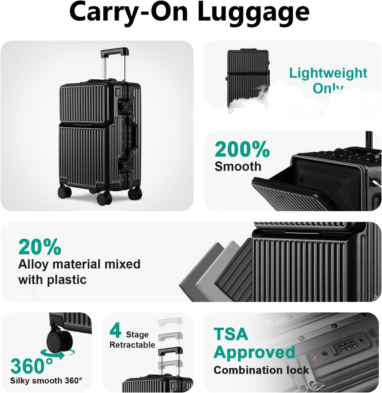 Hard Shell Luggage 20 Inch Travel Luggage, 22x14x9 Airline Approved with TSA Lock, ABS Aluminum Frame, Lightweight Travel Luggage 20'' 24'' 26'' Carry-On (Upgraded Black, 20 Inch)