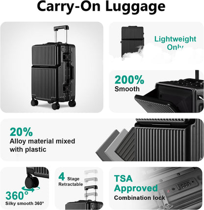 Hard Shell Luggage 20 Inch Travel Luggage, 22x14x9 Airline Approved with TSA Lock, ABS Aluminum Frame, Lightweight Travel Luggage 20'' 24'' 26'' Carry-On (Upgraded Black, 20 Inch)