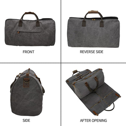 2 in 1 Canvas Leather Suit Luggage Garment Bag with Shoulder Strap for Travel and Business Trips (Grey)