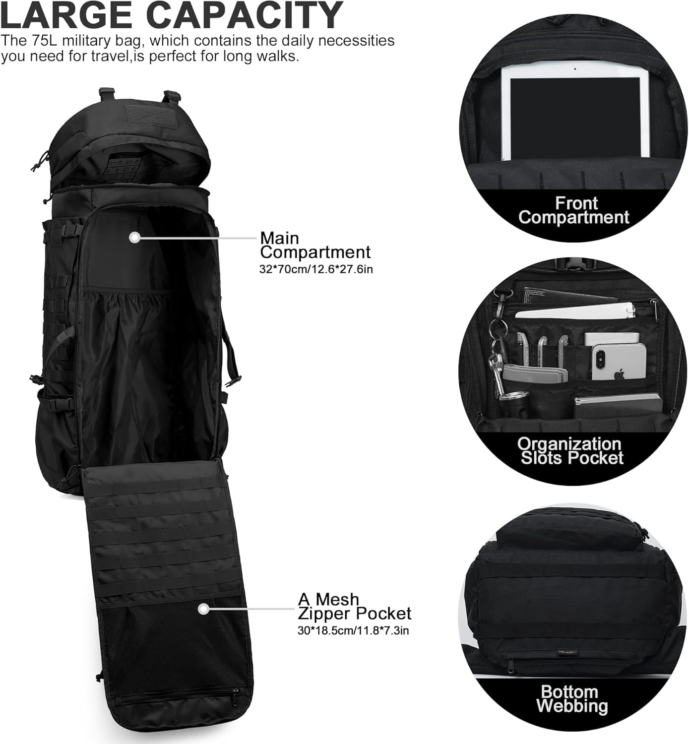 Mardingtop 75L Molle Hiking Internal Frame Backpacks with Rain Cover for Camping,Backpacking,Travelling