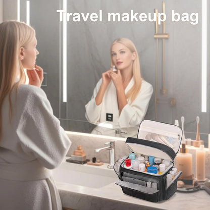 LEDAOU Toiletry Bag for Women,Quilted Travel Makeup Bag Organizer with Double Deck, Large Wide-open Cosmetic Make up Bag for Travel Essentials (Black Puffy)