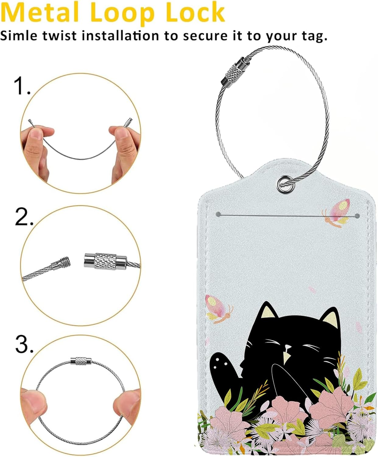 Smiling Black Cat Among Flowers 2 Pack Luggage Tag for Suitcase, Leather Bag Tags Identifiers Privacy Cover ID Label with Steel Loop for Women Men Kids Girls Travel