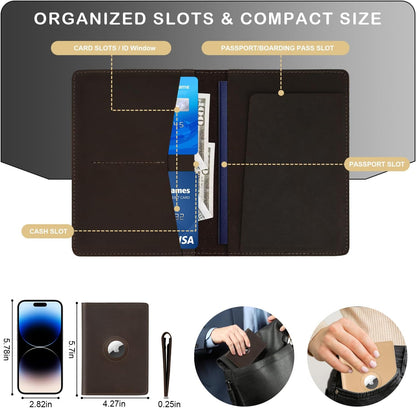 Airtag Passport Holder for Men and Women Travel, Real Leather Passport Wallet, Handmade Passport Cover Case with Airtag Slot, Travel Must Haves Essentials Accessories Birthday Gift(Crazy Horse,Coffee)