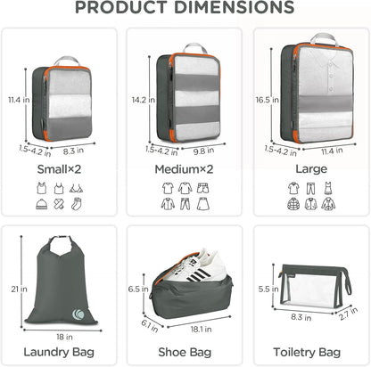 Cipway Compression Packing Cubes Mesh, Lightweight Luggage Organizer Bags with Laundry Bag, Toiletries Bag and Shoe Bag, Travel Essentials for Carry on Suitcase（8 Pcs,Grey）