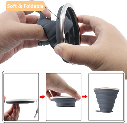 Litoexpe 4 Pack Silicone Collapsible Travel Cup Portable Folding Camping Cup Sets with Lids, Dark Gray & Pink & Navy Blue &Teal, Capacity 9.22oz (270ml)