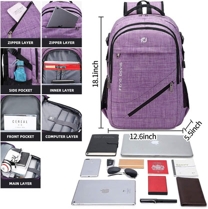 FENGDONG Large Laptop Backpack 17.3 inch Durable Waterproof Travel College Backpack Bookbag for Men & Women Business Backpack with USB Charging Port and Headset Port Light Purple