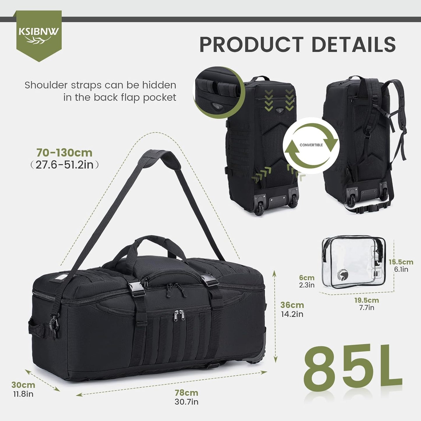 KSIBNW Rolling Duffel Bag with Wheels and Handle, 4 In 1 Tactical 86L Military Backpack with Hidden Straps,Waterproof Wheeled Large Duffle Bag for Travel,Durable MOLLE Luggage for Men & Women, Khaki