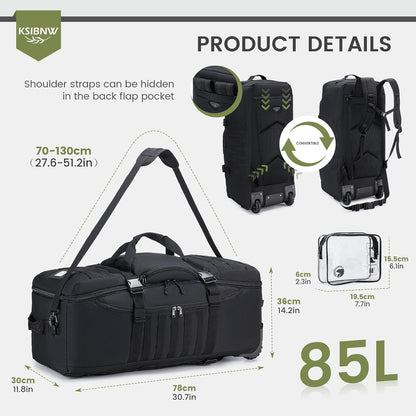KSIBNW Rolling Duffel Bag with Wheels and Handle, 4 In 1 Tactical 86L Military Backpack with Hidden Straps,Waterproof Wheeled Large Duffle Bag for Travel,Durable MOLLE Luggage for Men & Women, Khaki
