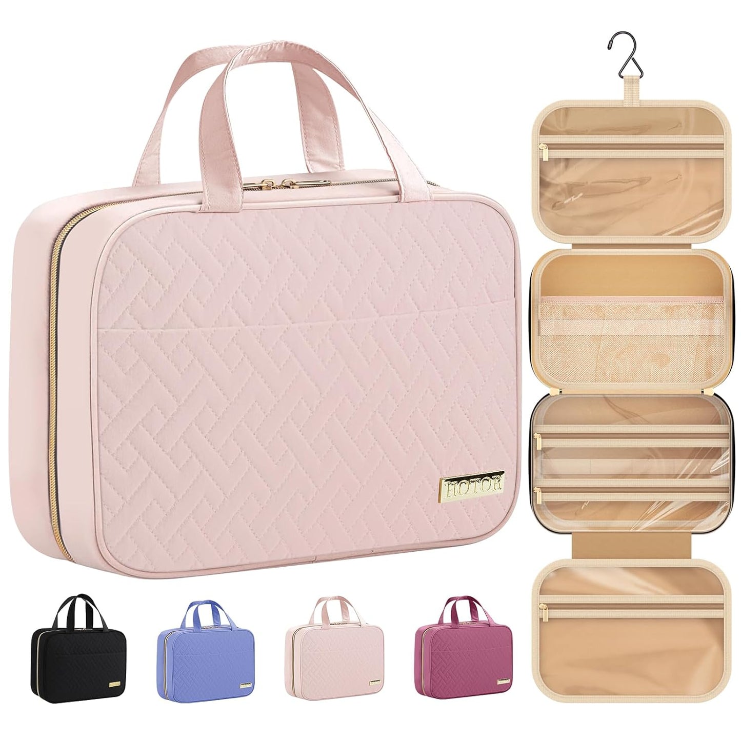 HOTOR Travel Toiletry Bag w/Hanging Hook - Spacious Toiletry Bag Essentials for Women & Men, Makeup Bag/Big Comparment, Waterproof for Travel Accessories, Medium, Pink