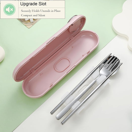 DEVICO Travel Utensils with Case Cute, Reusable Silverware for Lunch, Portable Cutlery Set, 18/8 Stainless Steel Fork Spoon Chopsticks in Cartoon Case, Dishwasher Safe (Pink)
