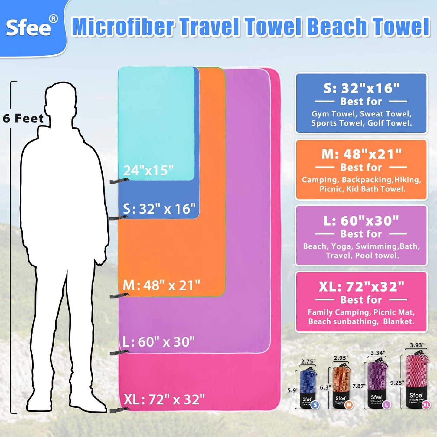 Sfee 2 Pack Camping Towel, Quick Dry Towel Super Absorbent Travel Microfiber Towels, Fast Drying Compact Soft Lightweight Sports Towel Set for Beach, Hiking, Travel, Gym, Backpacking, Pool +Carabiner