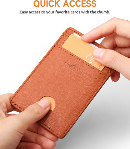 Buffway Mens Slim Wallet, Minimalist Thin Front Pocket Leather Credit Card Holder with RFID Blocking for Work Travel