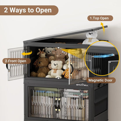 BROVIEW 240Qt Stackable Storage Bins with Lid, Extra Large Closet Organizer Collapsible Drawer Boxes with Wheels, Folding Plastic Cabinet Containers for Home Kitchen Room Organization, 3Pack Black