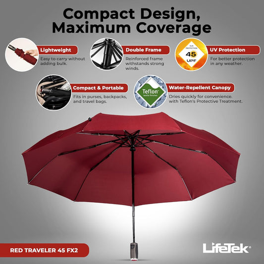 LifeTek Premium Travel Umbrella - Windproof & Compact for Men & Women, Automatic Open Close, Fits in Purse Laptop Bag or Backpack, Strong Frame for Heavy Rain & Sun UV Protection