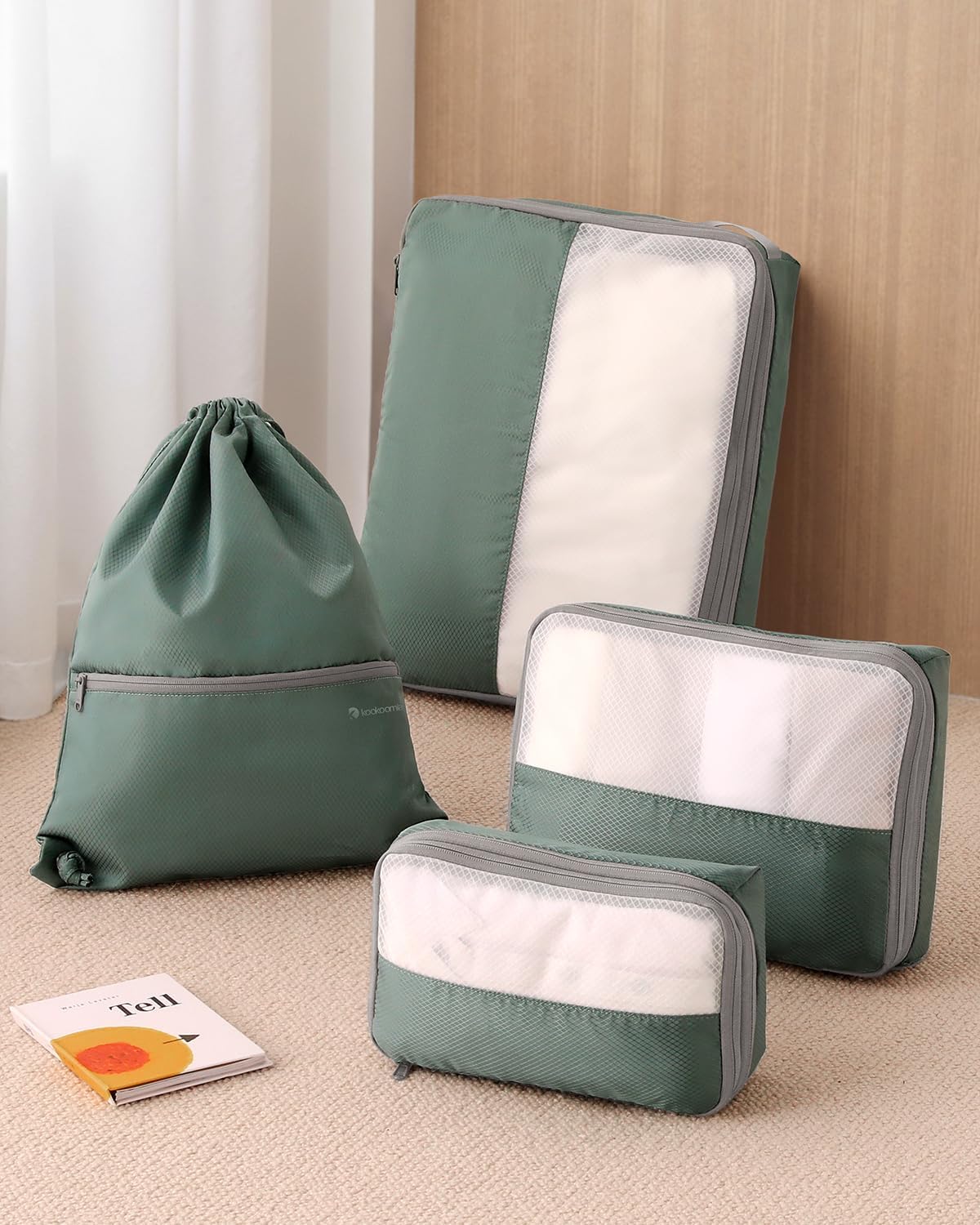 4 Set Compression Packing Cubes for Travel, Bonus Versatile Drawstring Backpack, Lightweight Luggage Organizer Bags, Sturdy Travel Accessories for Suitcase, Dark Green