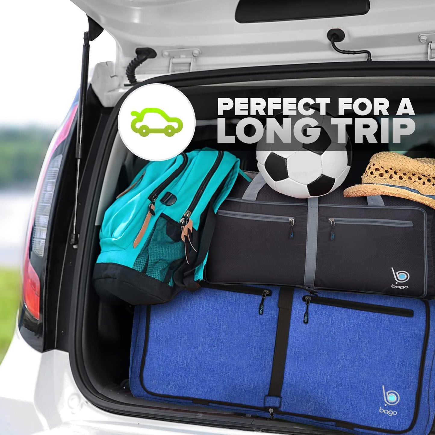 Bago Foldable Duffel Bags for Traveling Women & Men - 60L Medium Packable Duffle Bag for Travel with Shoe Compartment - Water Repellant, Heavy Duty, Lightweight Folding & Collapsible (SnowDepBlue)