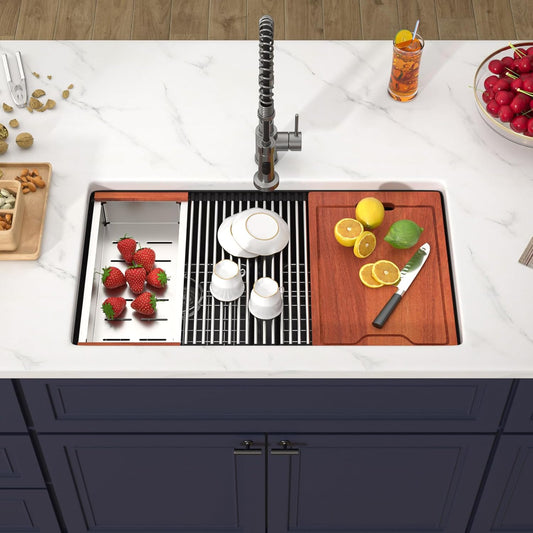 33 Inch Black Undermount Granite Composite Kitchen Sink Under Counter Quartz Single Bowl Sink Workstation Sinks with Accessories Quick Drain Noise Reduction Home Renovation Classic Style