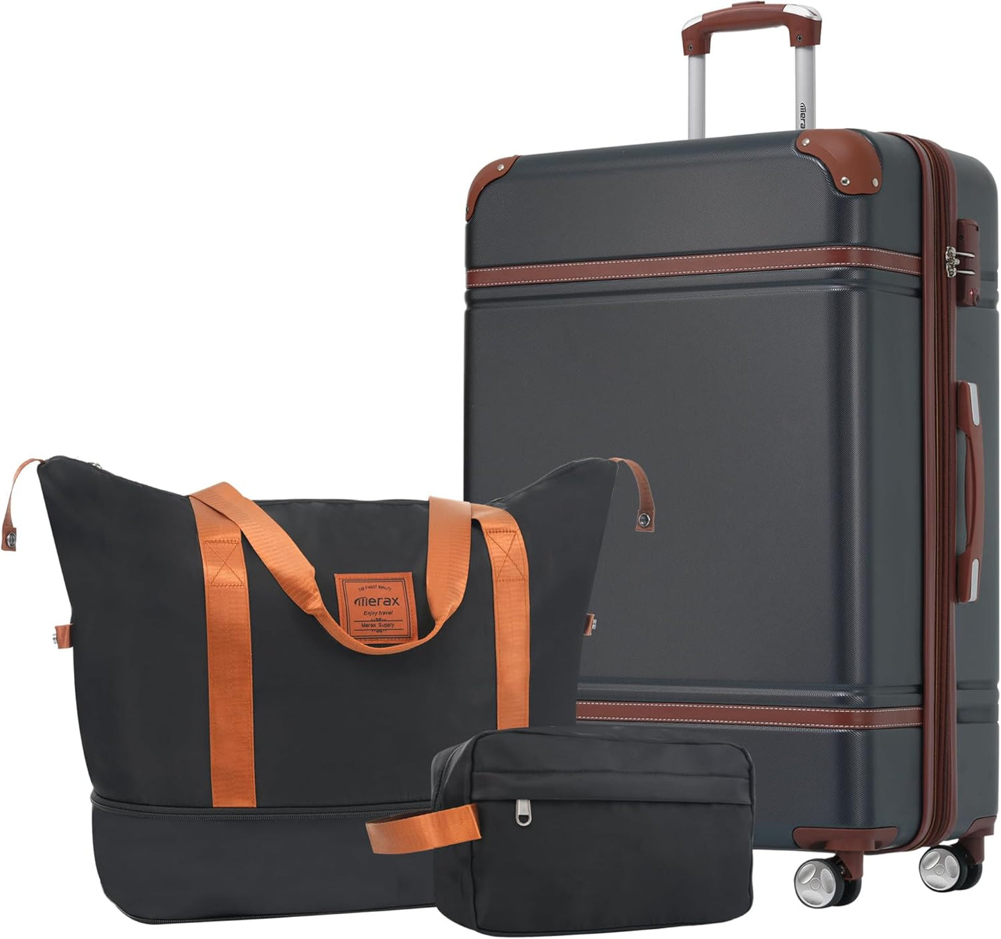 Merax Suitcase Set 24 inches Expandable Luggage with TSA Lock Spinner Wheels Hardshell Lightweight Vintage Luggage with Travel Bag,Black