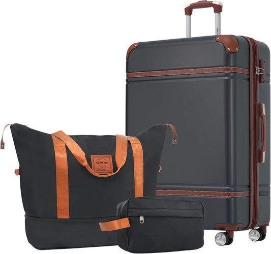 Merax Suitcase Set 24 inches Expandable Luggage with TSA Lock Spinner Wheels Hardshell Lightweight Vintage Luggage with Travel Bag,Black