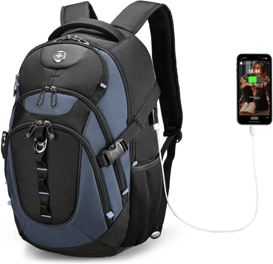 Swissdigital Design Laptop Backpack with USB Charging Port, TSA Travel Backpack Fits 15.6 inches Computer, 31L College School Backpack for Men, Haze Blue/Black | SD803