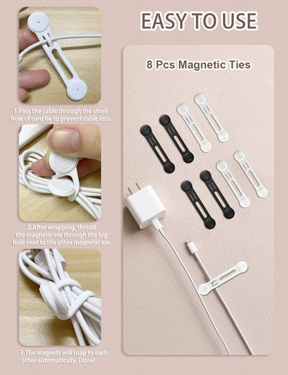 Kanemc Magnetic Ties For Cords, Cord Wrap Silicone Zip Ties Twist Ties Magnet Strap For Charging Cords Date Cable Earphone Video Game USB (8-Pack, Black And White)