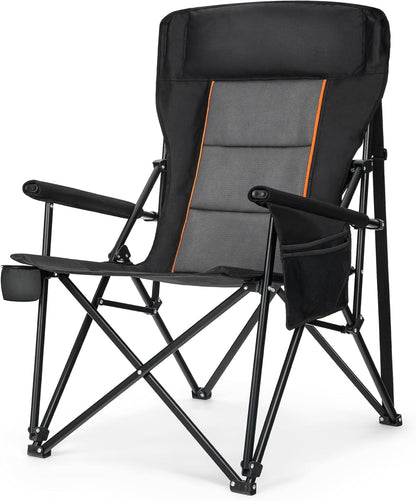 LET'S CAMP Oversized Camping Chairs 29.52" High Back Heavy Duty Lawn Chair Support 500LBS, Portable Collapsible Chair with Cup Holder, Side Pocket(Black)